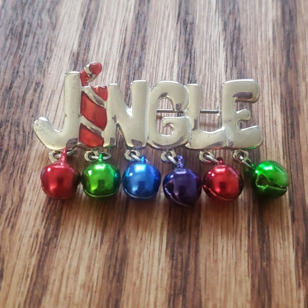 Jingle Pin Brooch Candy Cane "i" and Multicolored Bells
